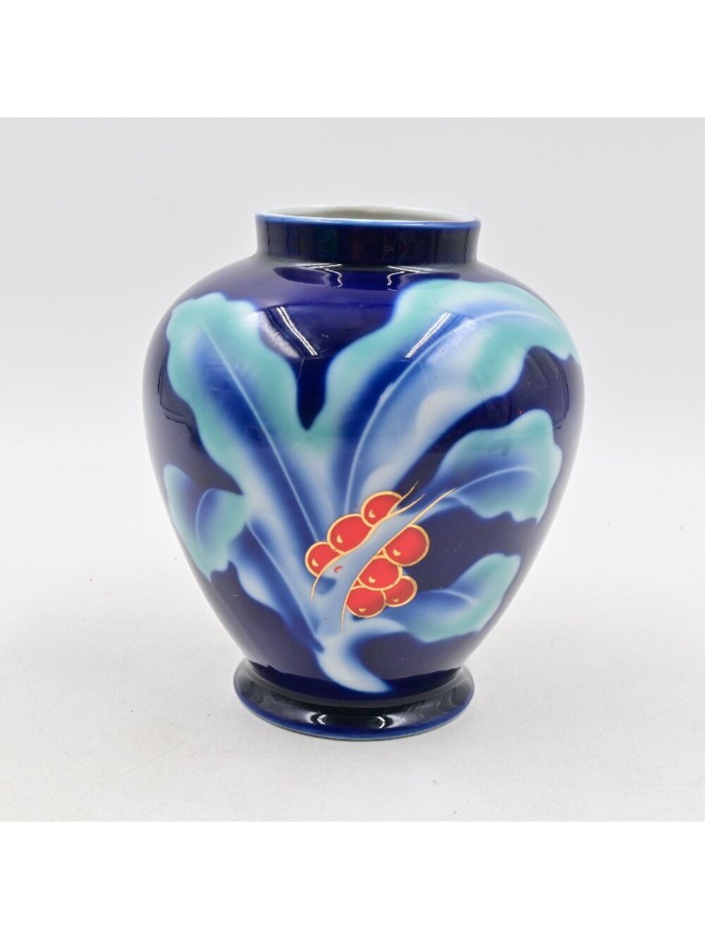 Vintage Japanese Pottery of Kyo Porcelain Vase Cobalt Blue Red Berries Leaf 6" T